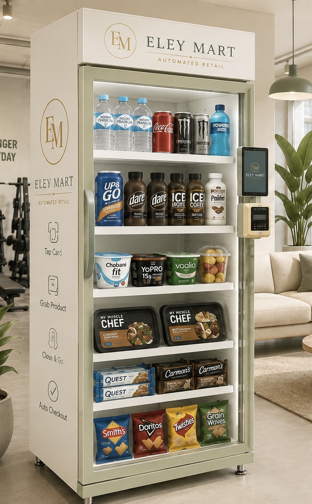 Eley Mart branded smart fridge stocked with drinks, meals and snacks in a modern workplace lounge
