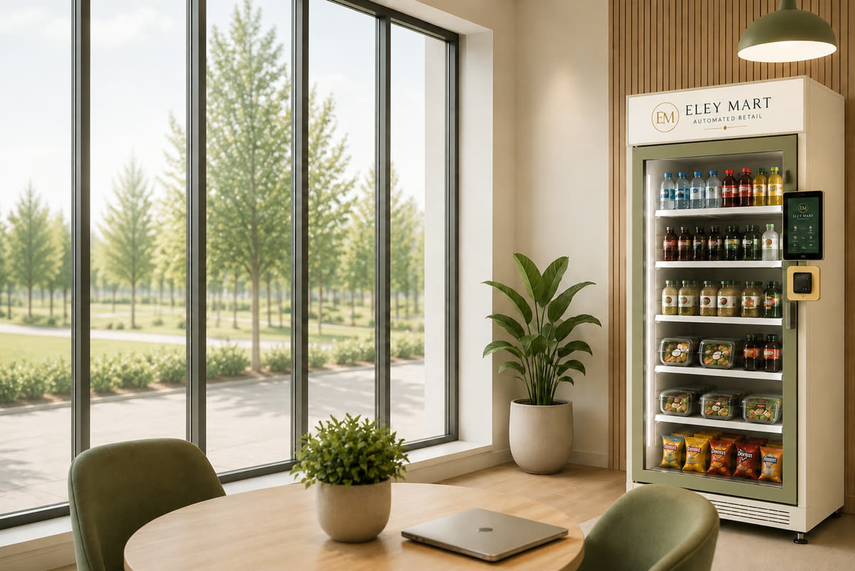 Eley Mart smart fridge in a bright modern office lounge