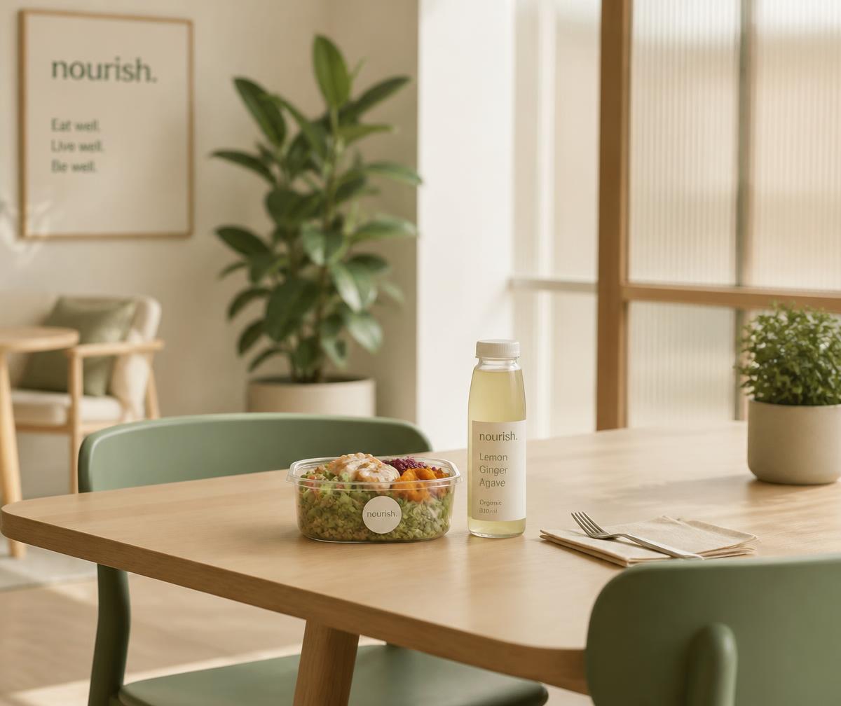A fresh meal and cold drink on a light timber table in a calm workplace