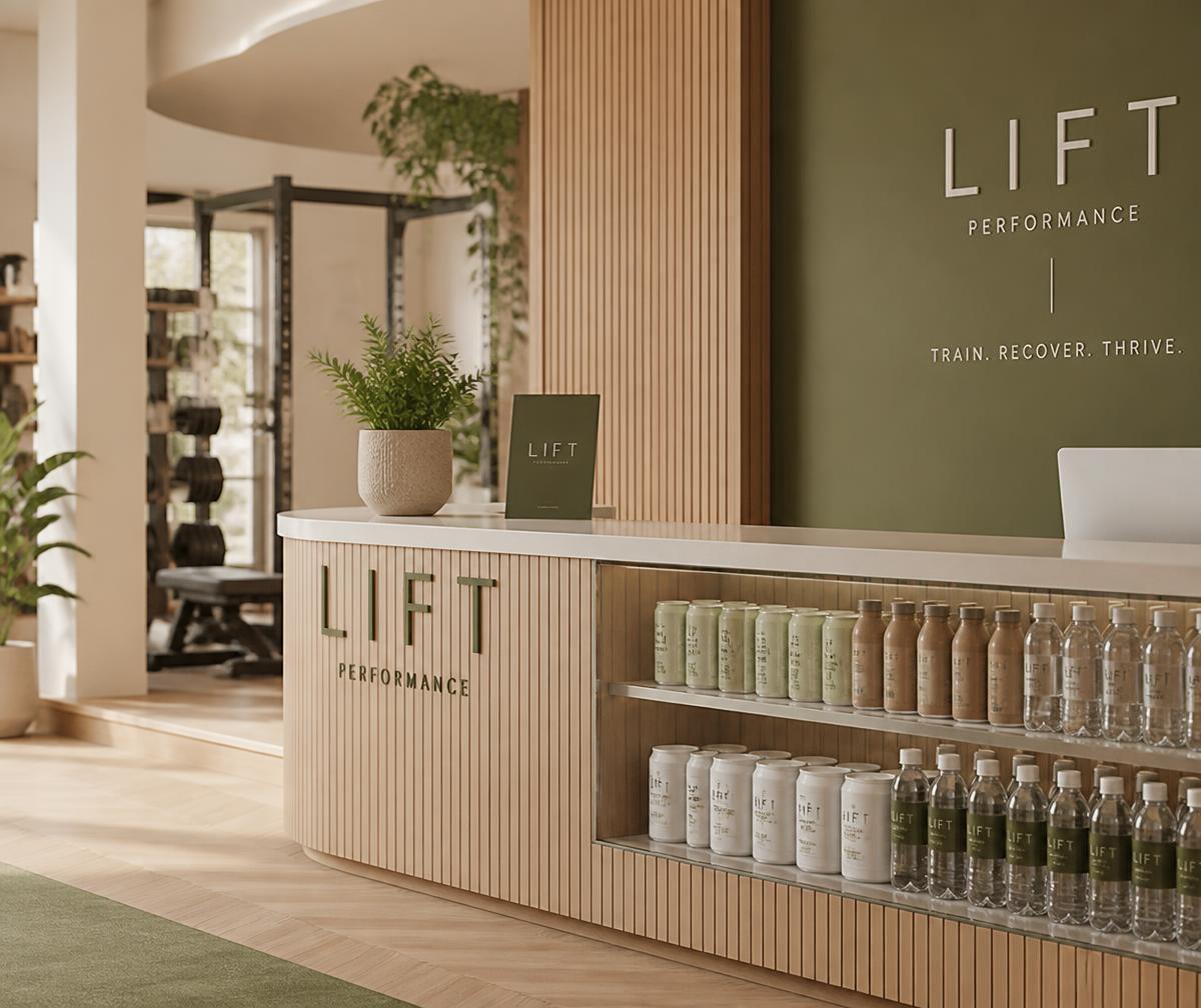 Drinks and refreshments at a modern gym reception counter